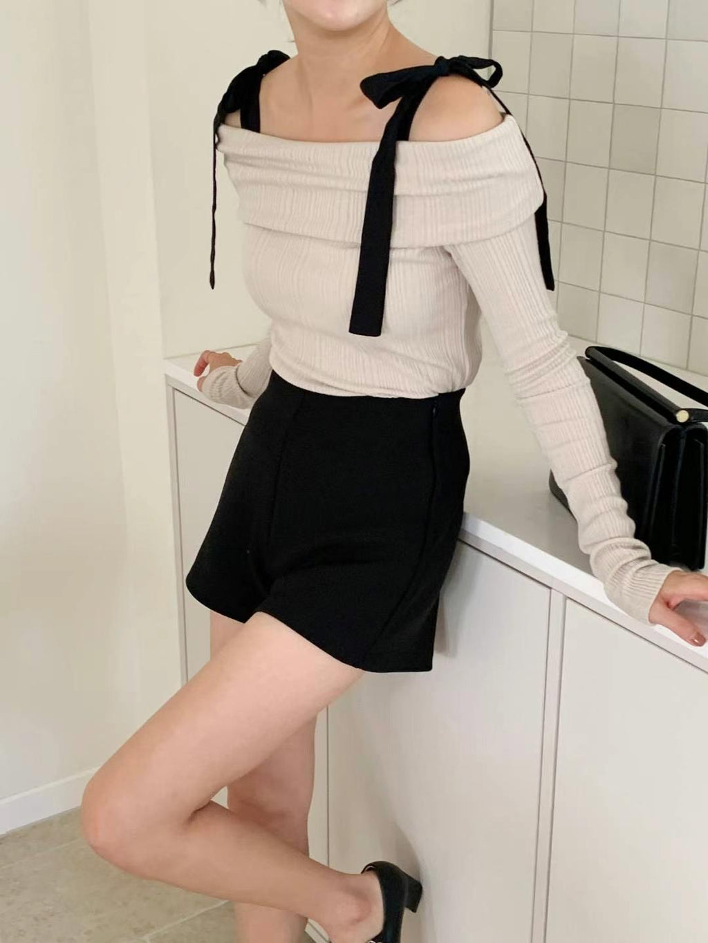 Off Shoulder Ribbon Knit Top