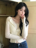 法式蕾絲拼接細坑條紋針織上衣