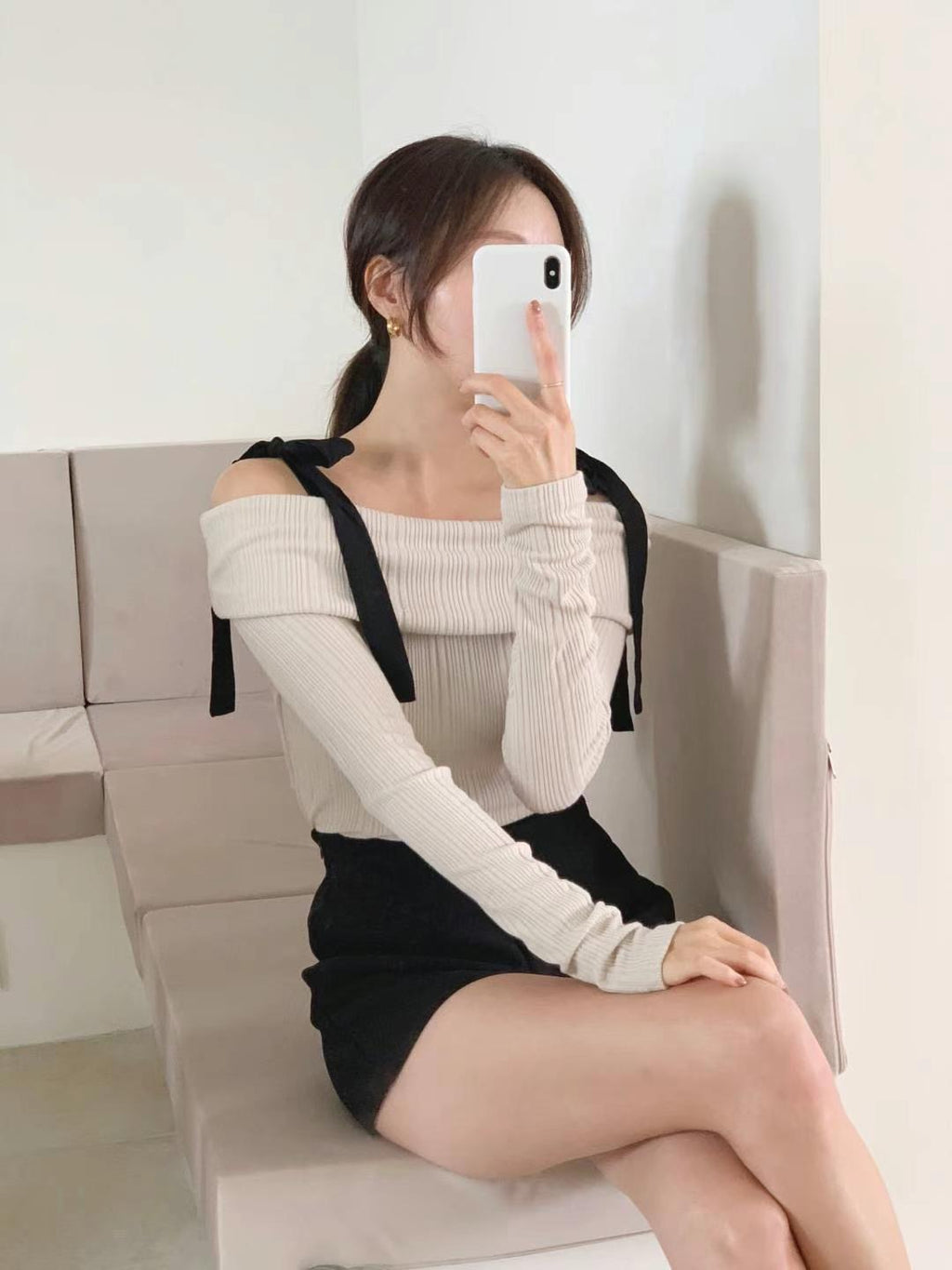 Off Shoulder Ribbon Knit Top