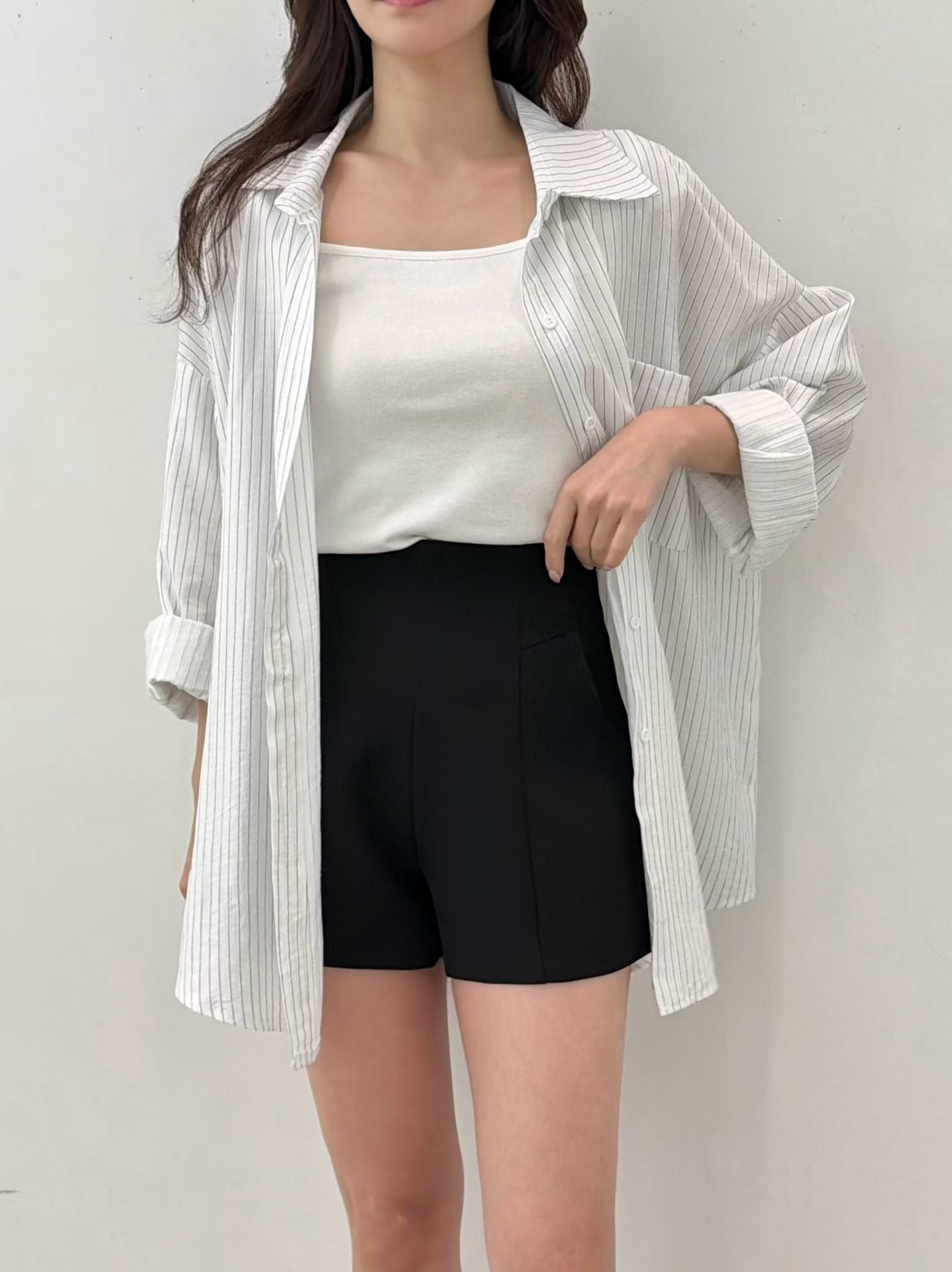 慵懶直間條衫恤衫外套