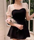 心形領透紗短袖上衣￼