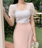 心形領透紗短袖上衣￼