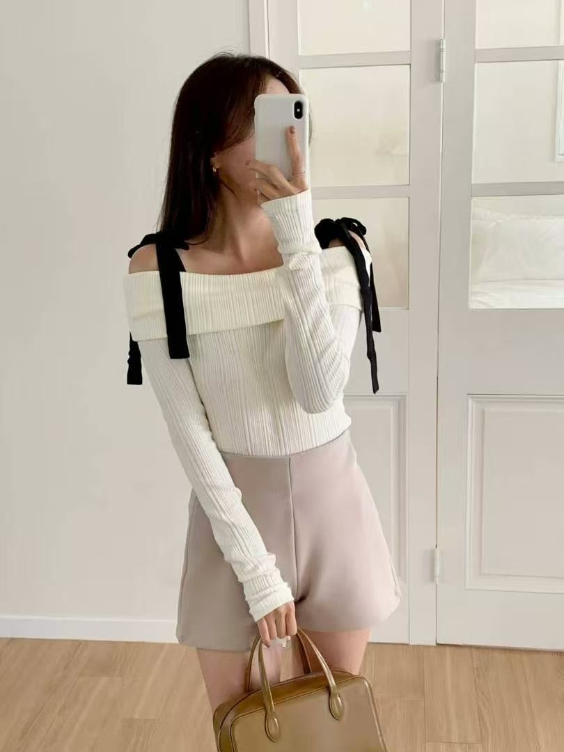 Off Shoulder Ribbon Knit Top