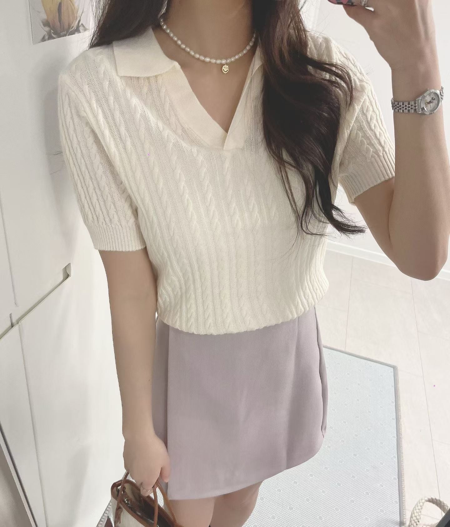奶油麻花短袖上衣