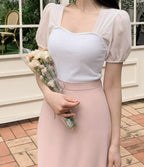 心形領透紗短袖上衣￼