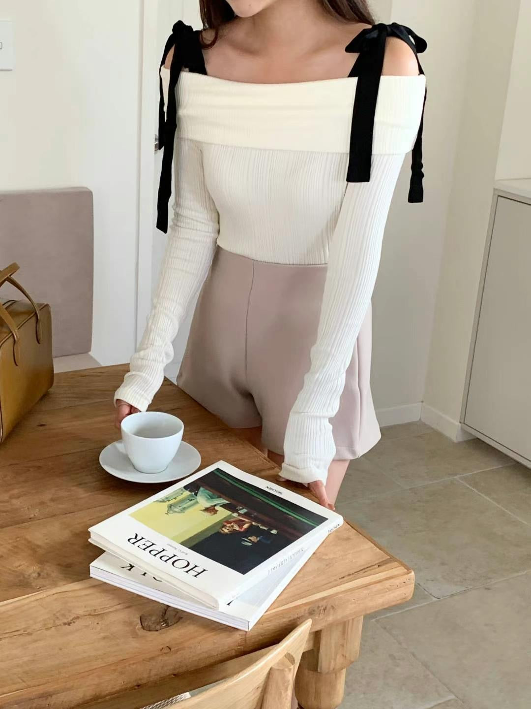 Off Shoulder Ribbon Knit Top
