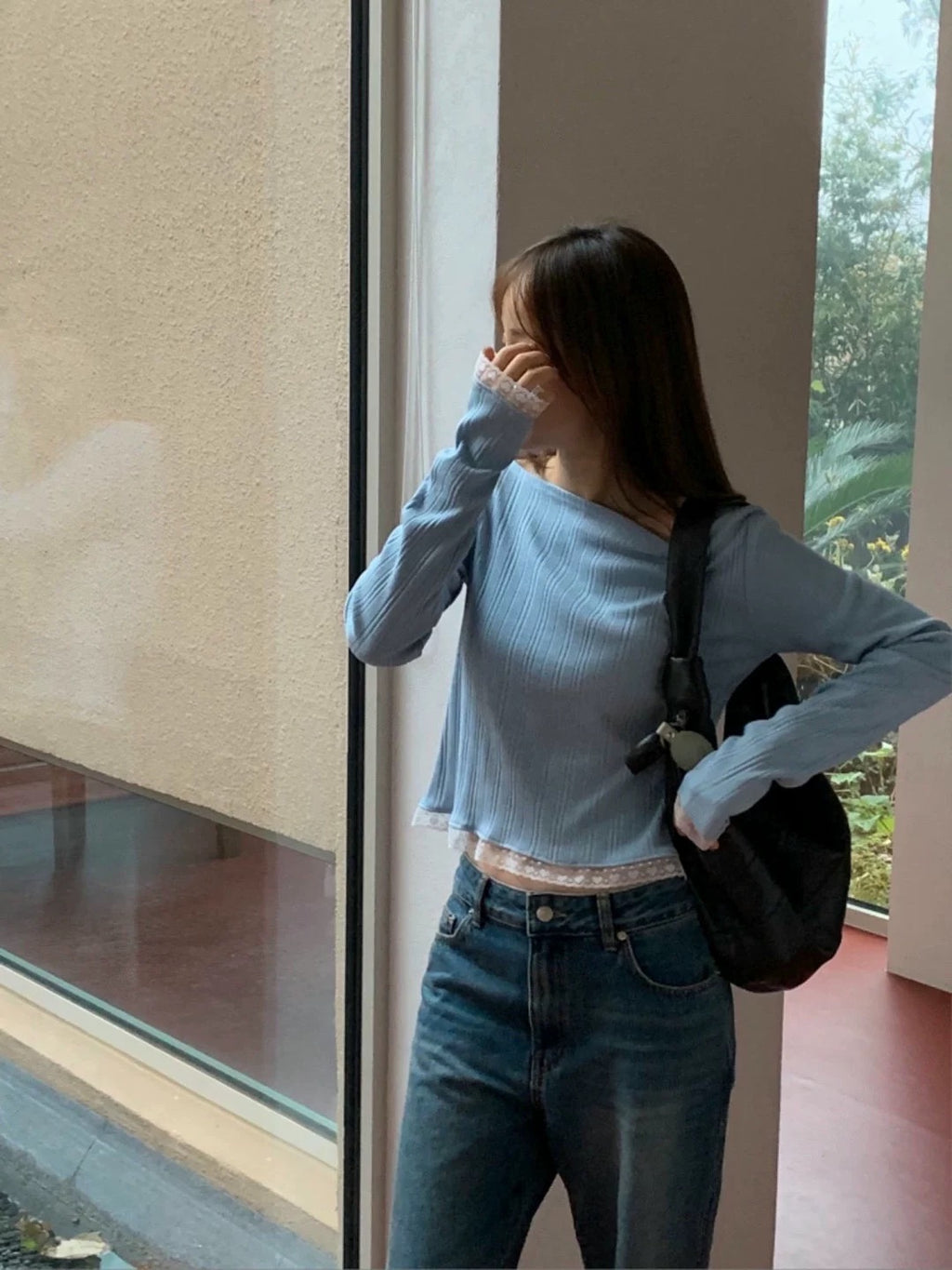 心形蕾絲坑紋上衣