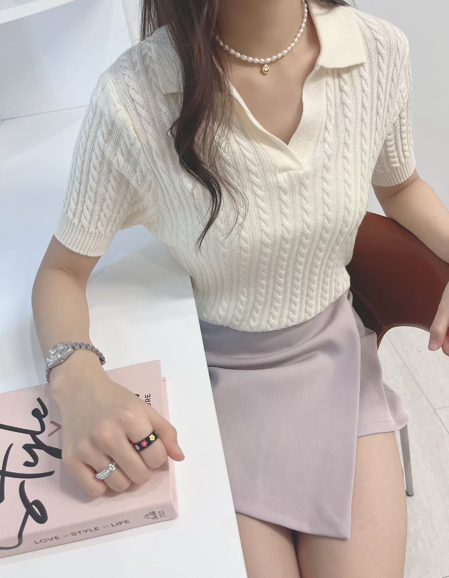 奶油麻花短袖上衣