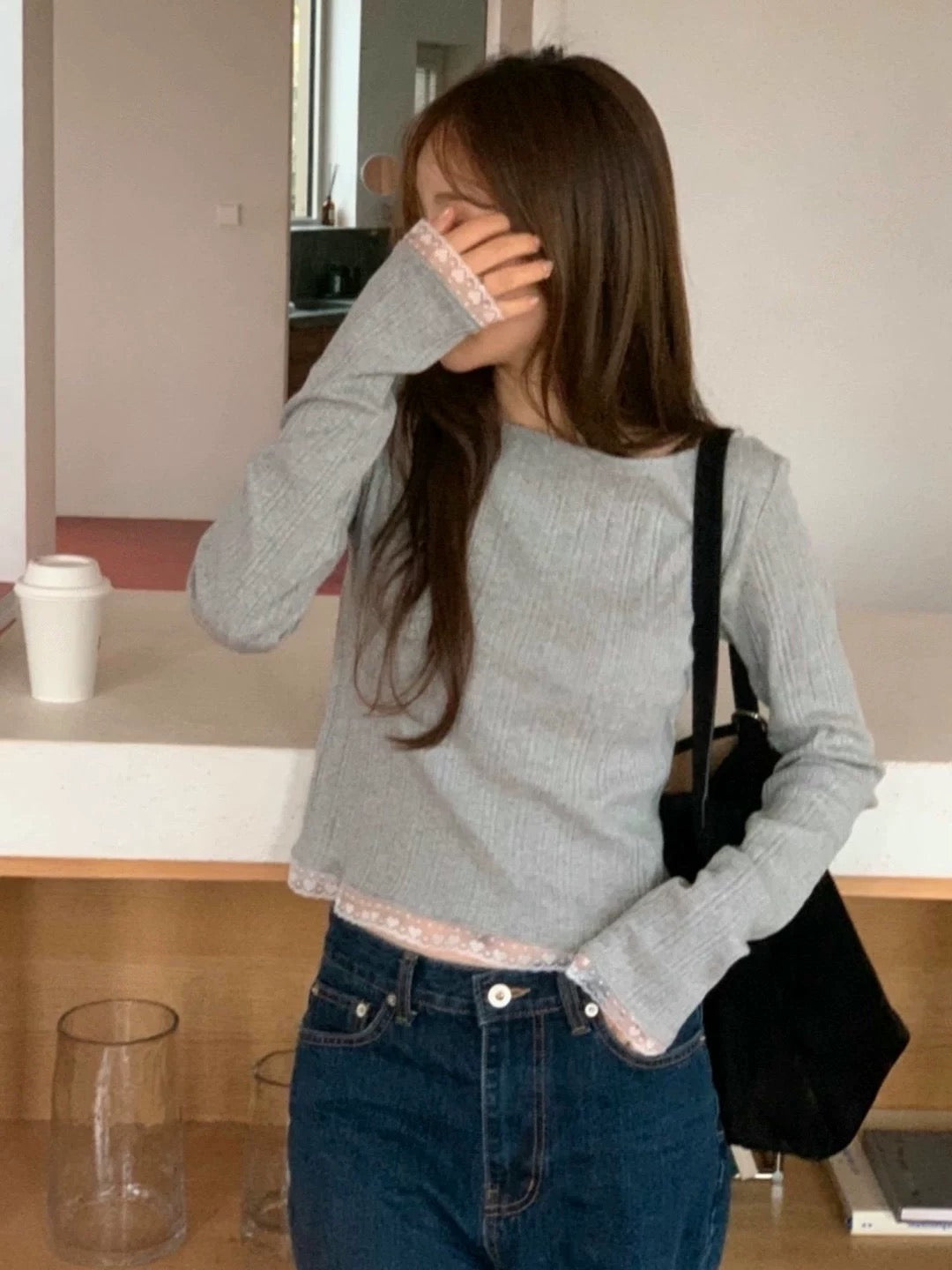 心形蕾絲坑紋上衣