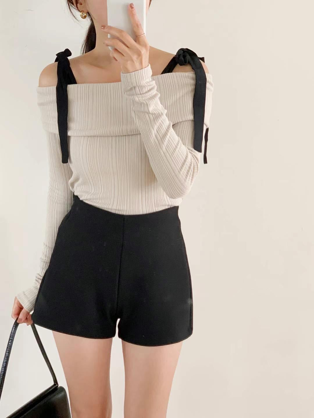Off Shoulder Ribbon Knit Top