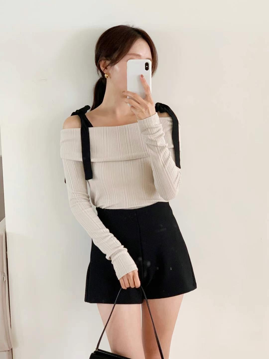 Off Shoulder Ribbon Knit Top