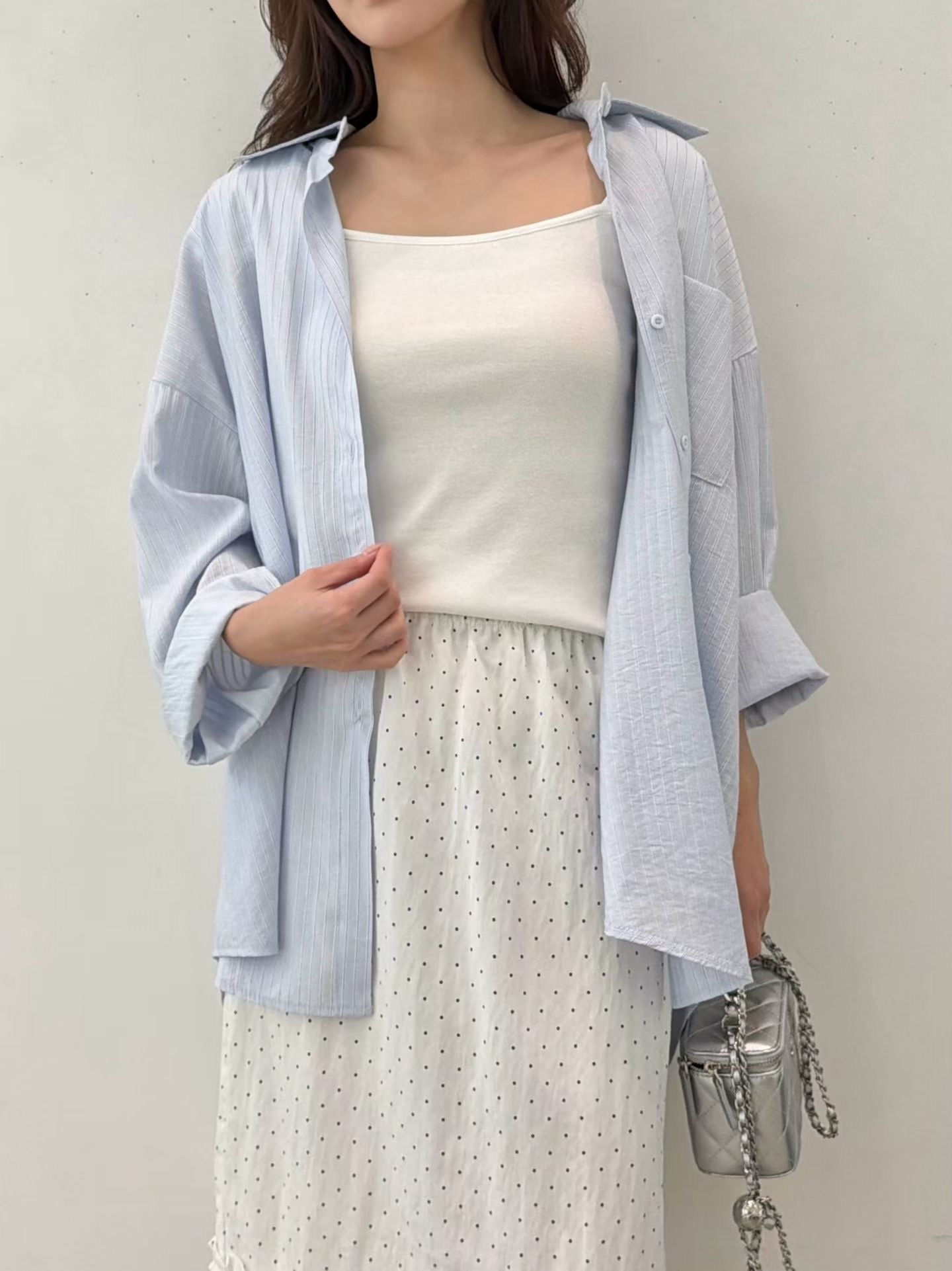 慵懶直間條衫恤衫外套