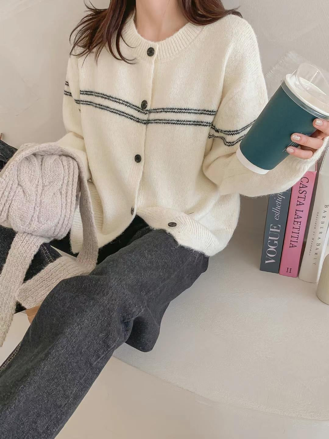 間條羊毛外套